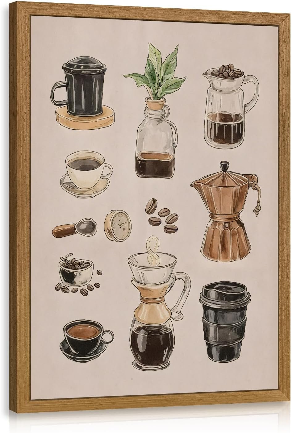 CAZLOUC Retro Coffee Wall Art, Illustration Espresso Tea Brewing Wall Decor, Vintage Abstract Cafe Poster Print, Minimalist Farmhouse Canvas Artwork for Kitchen Living Room Wood Framed 12×16 Inch