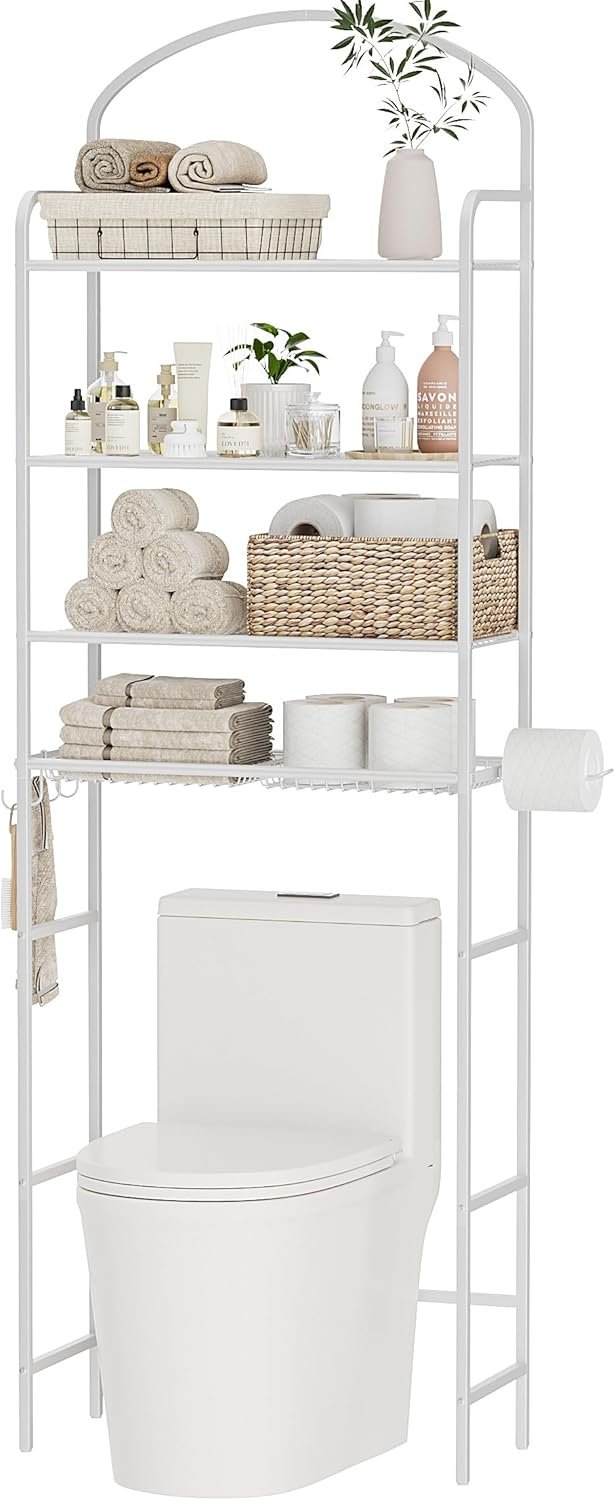 4-Tier Over The Toilet Storage, Bathroom Organizer, Space-Saving, 72″ H Above Toilet Storage Rack with 4 Hooks and Paper Holder, Metal Shelf, White