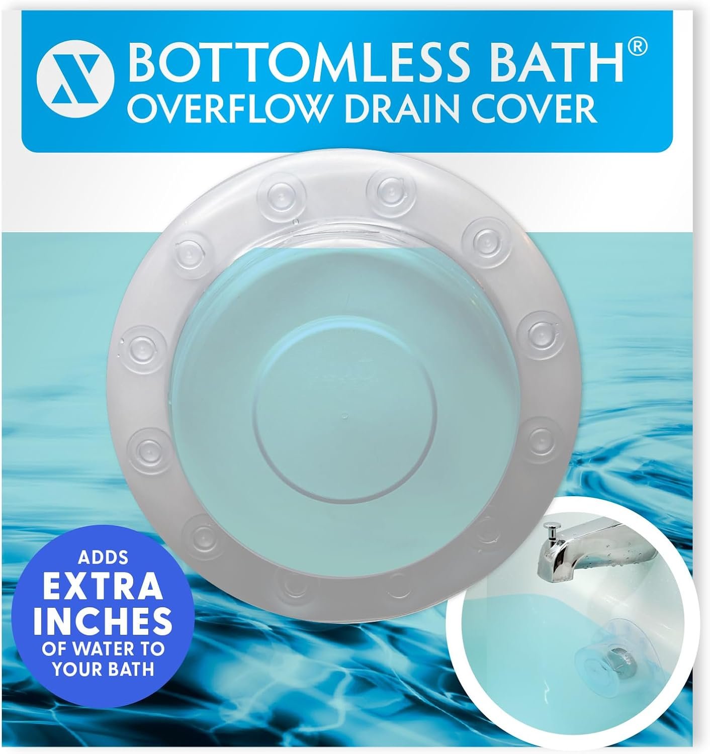 SlipX Solutions Bottomless Bath, Essential Overflow Drain Cover for Bathtub, Best Bath Accessories for Women, Adds Inches of Water to Your Tub for Deeper Soak, 4″ Diameter, Clear