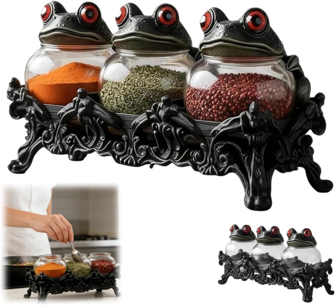 Witchy Frog Apothecary Spice Jars, Handcrafted Vintage Glass Storage Jars with Red-Eyed Frog Lids, Gothic Kitchen Herb Teas Food Storage Containers for Home Decor Fun Display (3-piece set)