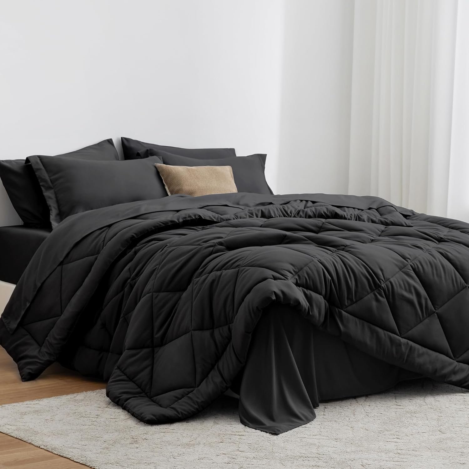 Love’s cabin Queen Comforter Set Black, 7 Pieces Queen Bed in a Bag, All Season Bedding Sets with 1 Comforter, 1 Flat Sheet, 1 Fitted Sheet, 2 Pillowcase and 2 Pillow Sham | Soft, Breathable, Lightweight, Comfortable
