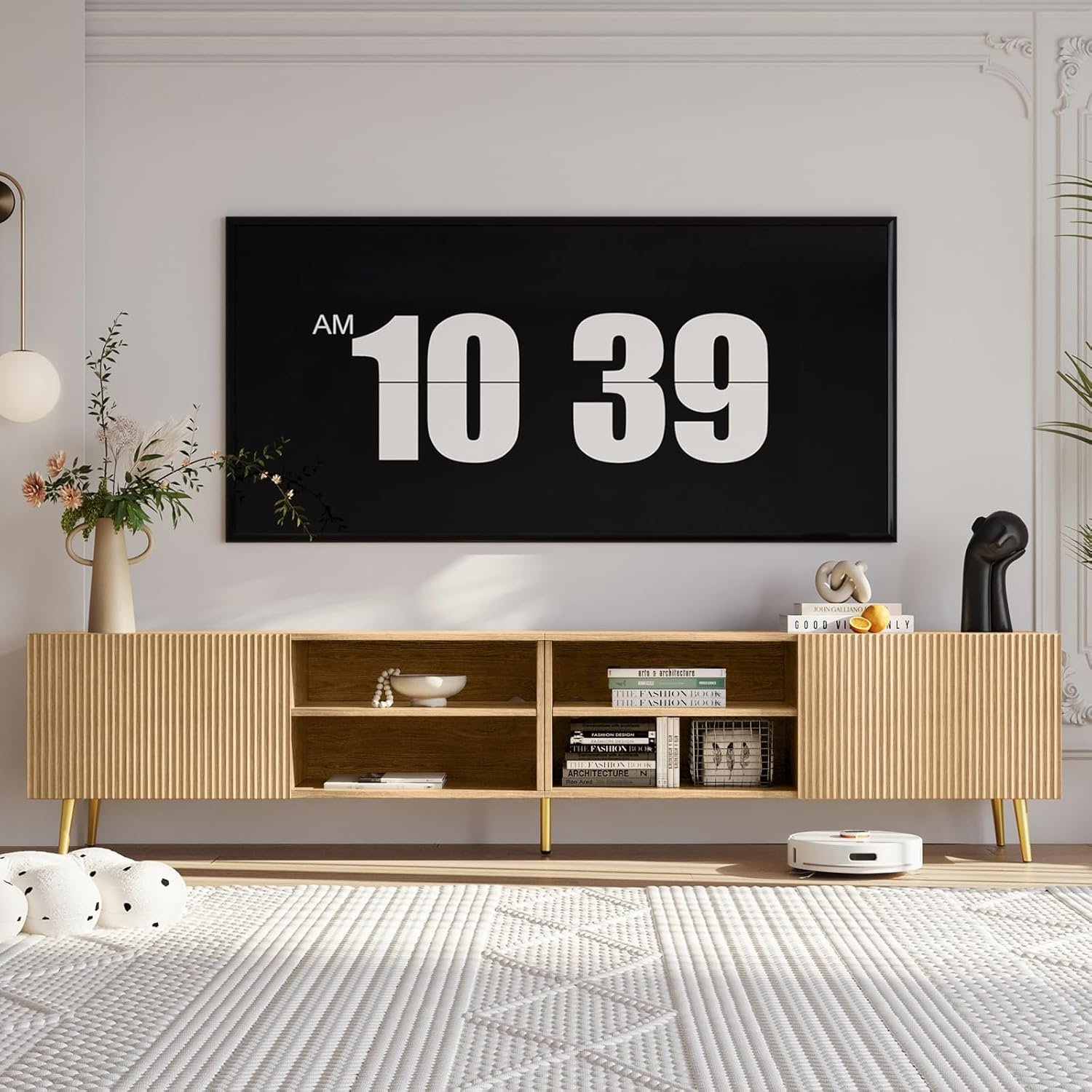 Modern 86in TV Stand for Living Room, Fluted Design Entertainment Center with Adjustable Shelves,Media TV Console Table with Storage for Bedroom,Nature
