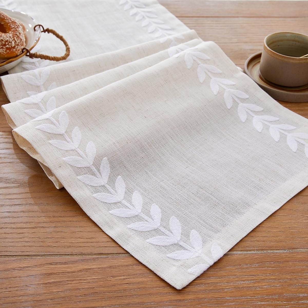 Wracra Embroidered Table Runner Irregular Willow Leaf Table Runners 90 Inches Long for Dresser Home Dining Table Decor,14 x 90 Inch, White