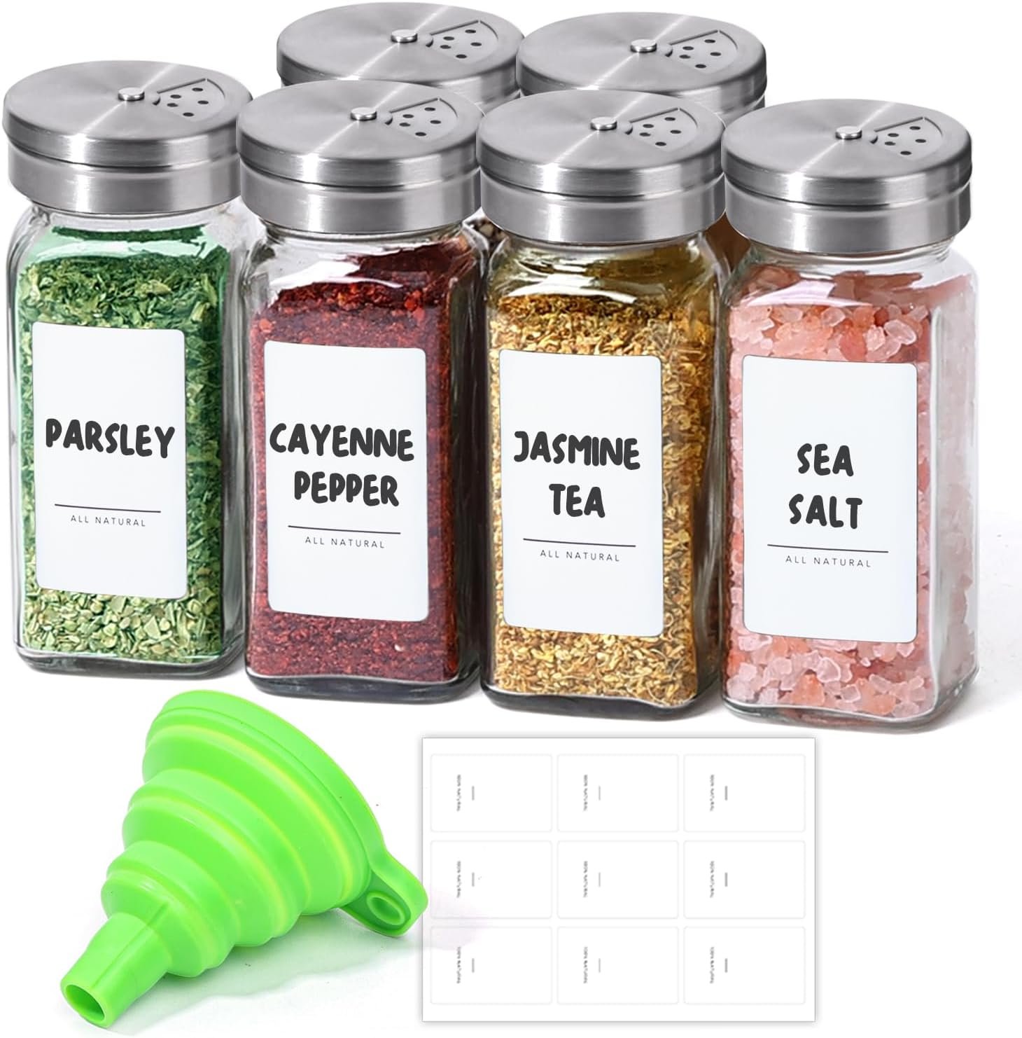 ComSaf Spice Jars with Shaker lids Adjustable, 4oz 6PCS, 9 DIY Labels, Spice Jars Trial Set & Supplement Set, Empty Ingredient Containers and Square Ingredient Bottles for Kitchen and Seasoning