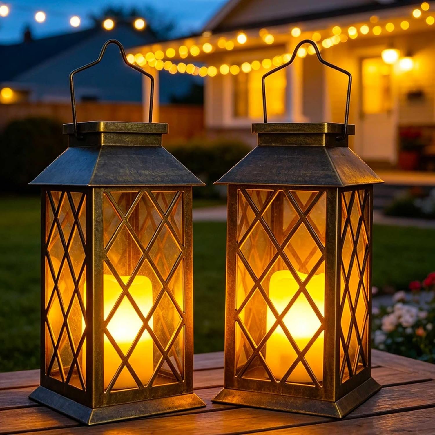 Solar Lanterns Outdoor Waterproof, Flickering Candles Hanging Solar Lights for Outside Garden Patio Wall Porch Decorative, Lamp with Upgraded Solar Panel, Tempered Glass & Clip, Bronze 2 Pack