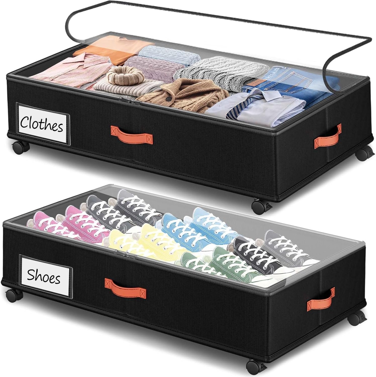 Under Bed Storage with Wheels 2-Pack, Under Bed Storage Containers 66L Clear Lids, Rolling Storage Drawers for Clothes Shoes Blankets, Underbed Organizer Bins(30″ L x 16.2″ W x 7.5″ H)