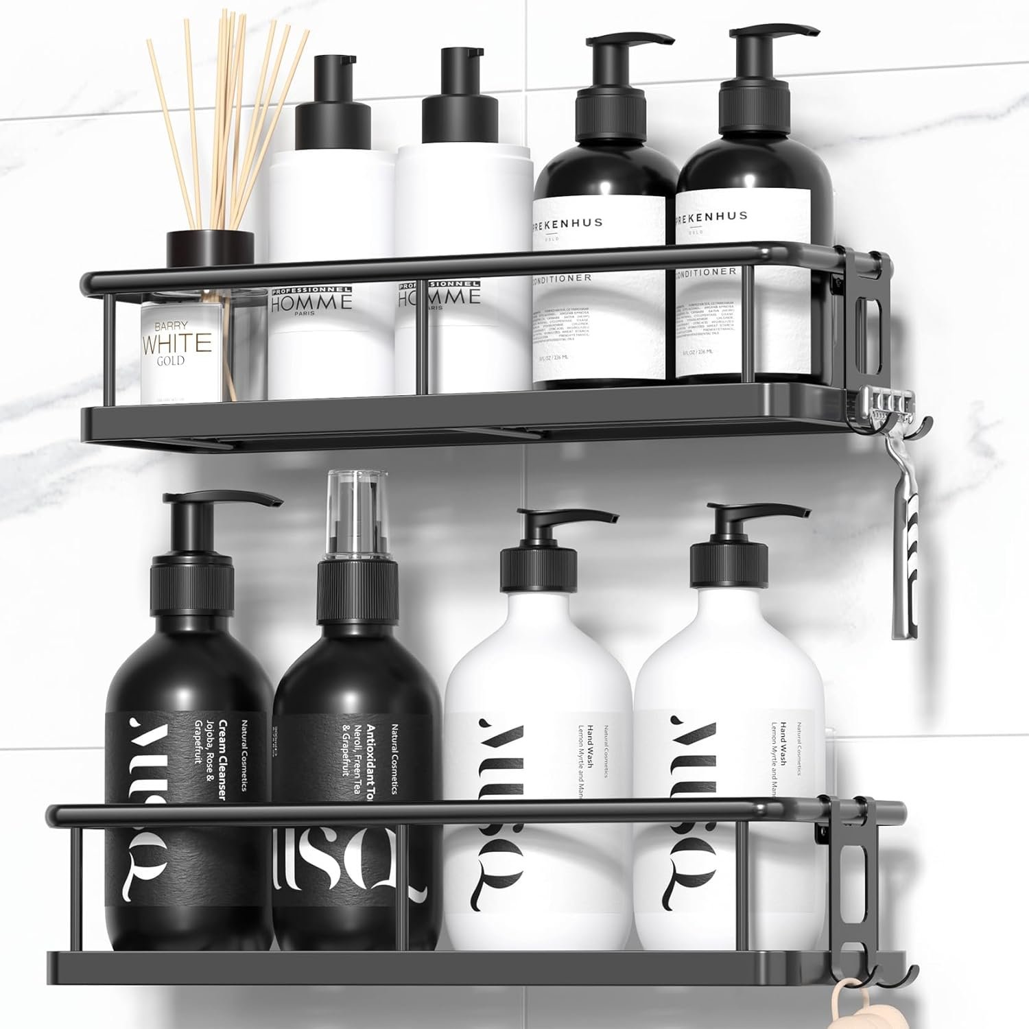 YASONIC Shower Caddy Adhesive, Rustproof Shower Shelves for Inside Shower, Large Capacity Bathroom Organizers and Storage, Shower Storage with Removable Hooks, No Drill Bathroom Accessories Black