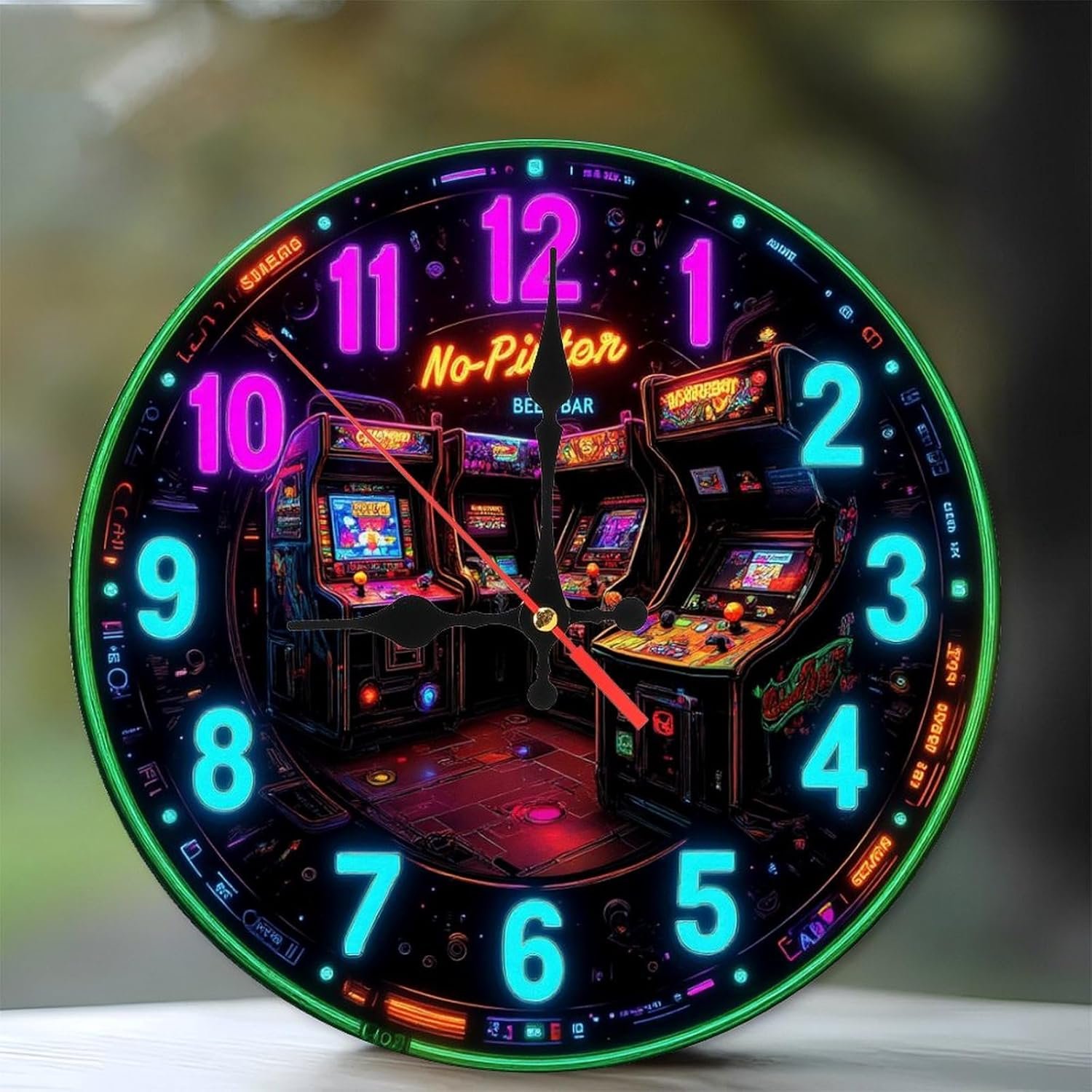 Retro Arcade Clock Imitation neon Effect Sign Wall Art 10-Inch Wooden Wall Clock, Silent Movement, Perfect for Living Room Bedroom Bathroom Home Decor