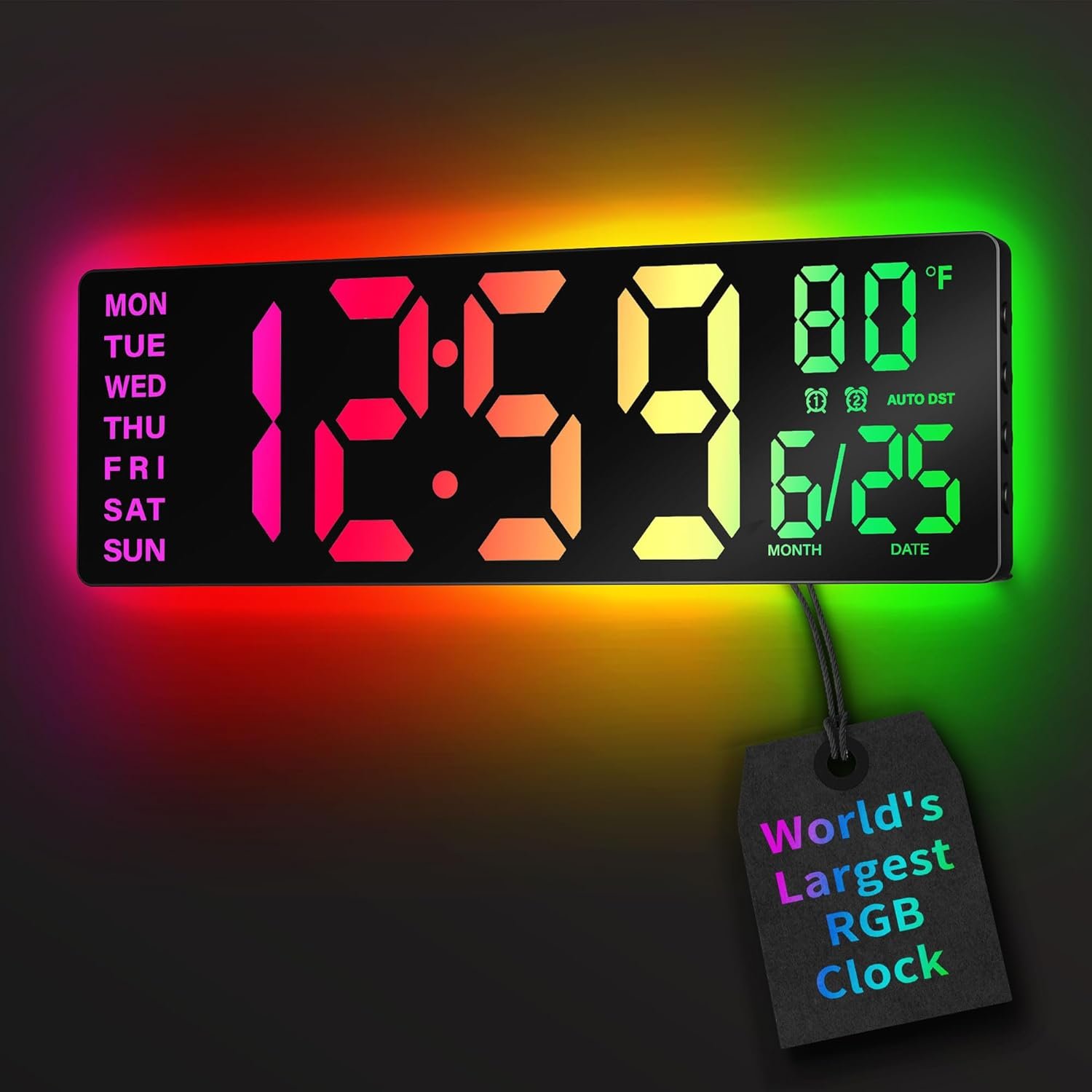 EASYERA 16.5″ Large Digital Wall Clock with BT Sync, RGB Lights with 11 Scenes Mode Remote Control, Dual Alarms with Big LED Display, Auto DST, Temperature for Classroom Gaming