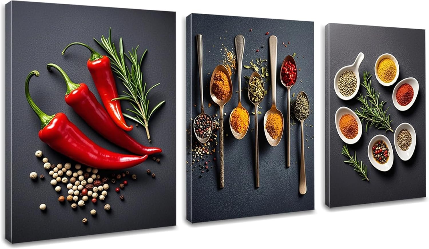 3Pcs Kitchen Canvas Wall Art Dining Room Wall Decor Colorful Spices Seasoning Spoon Kitchen Pictures Prints Posters Artwork Paintings Kitchen Wall Decor Restaurant Home Decorations 12×16 Inch Framed