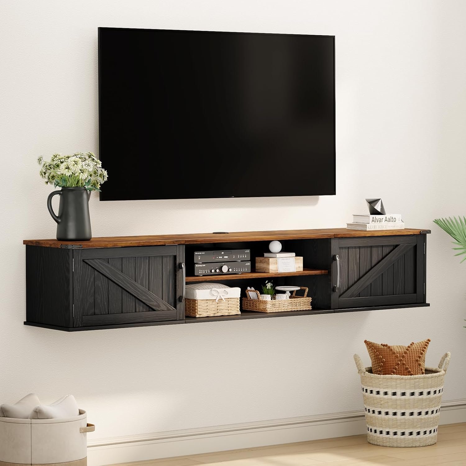 Floating TV Stand with Doors, 63” Farmhouse Floating TV Shelf for TVs up to 80 Inch, 2 Tier Wall Mounted TV Stand, Floating Entertainment Center, TV Floating Cabinet for Living Room, Bedroom, Black