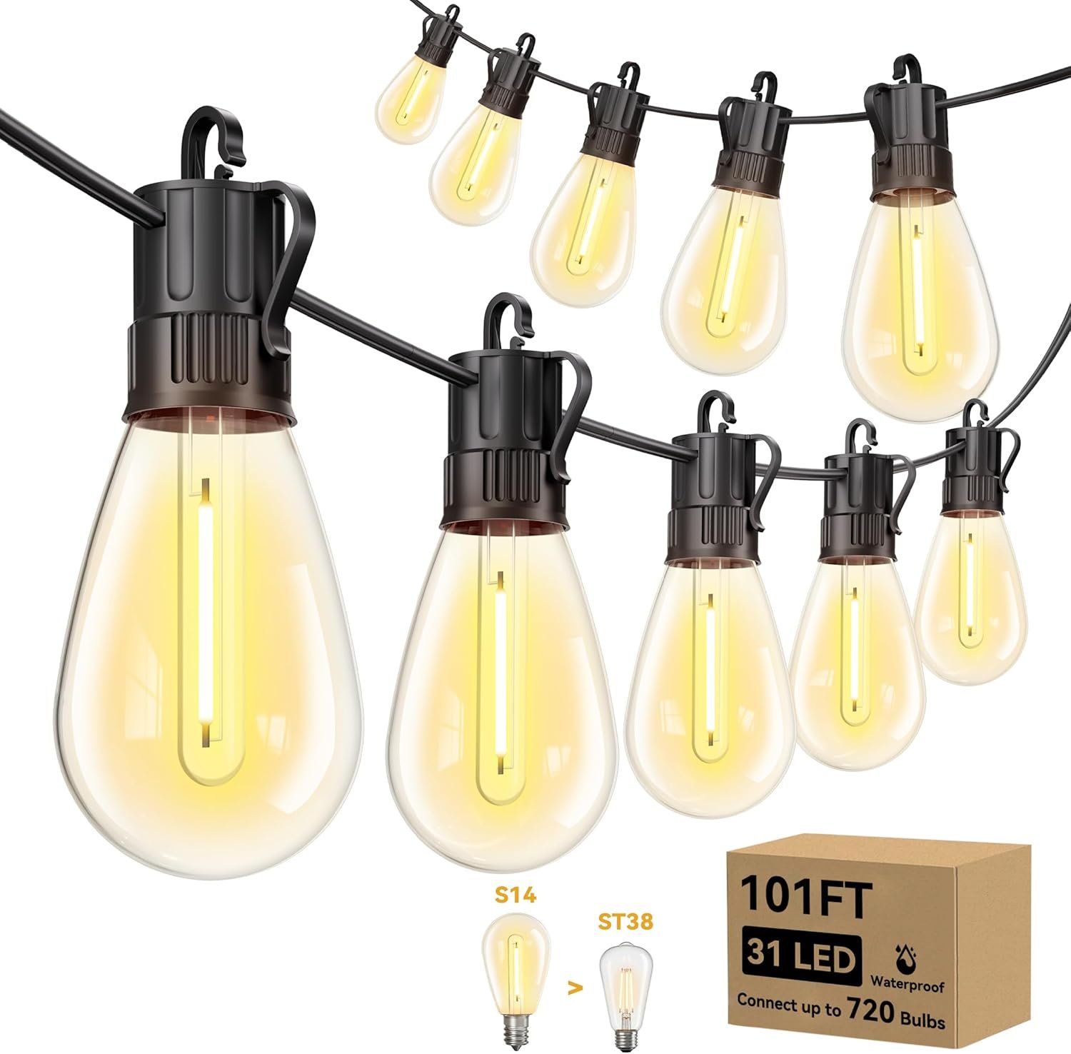 Minetom 101FT Outdoor-String-LED-Patio-Lights-Waterproof, 31Shatterproof S14 Vintage Edison Bulbs, Commercial Grade Outside Hanging Lights Waterproof for Porch Deck Garden Backyard Balcony Cafe Bistro