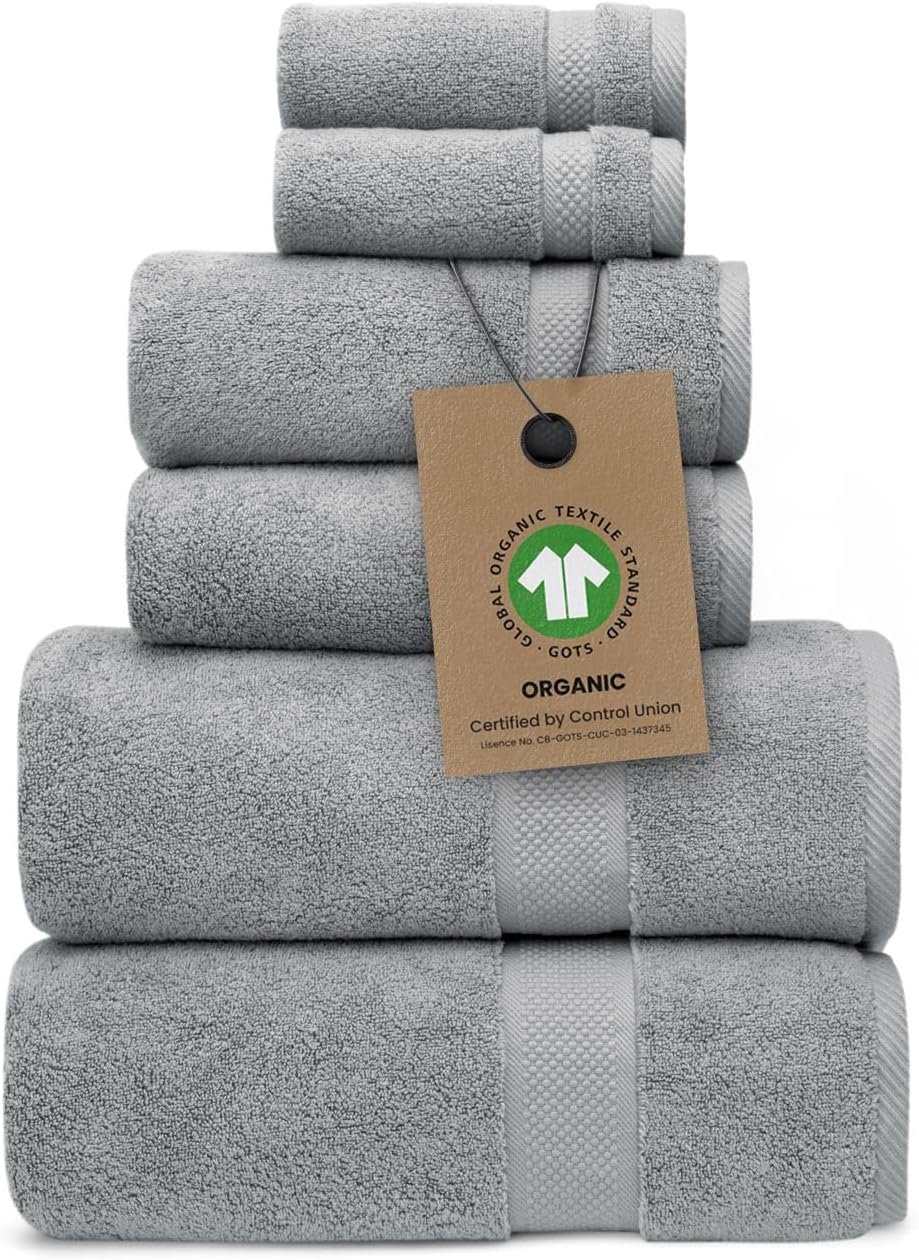 Alusa Home 100% Organic Zero-Twist Cotton Towels – GOTS Certified Luxury Bath Towels – Ultra Soft & Plush 700GSM Long-Staple Cotton – 6 Piece Towel Set (Pewter Grey)