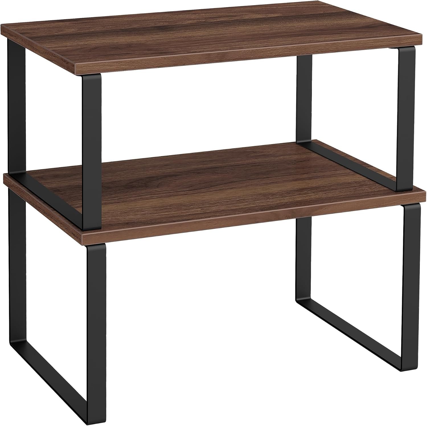SONGMICS Cabinet Organizer Shelf, Set of 2 Kitchen Counter Shelves, Kitchen Storage, Spice Rack, Stackable, Expandable, Metal and Engineered Wood, Natural Walnut and Matte Black UKCS020K01