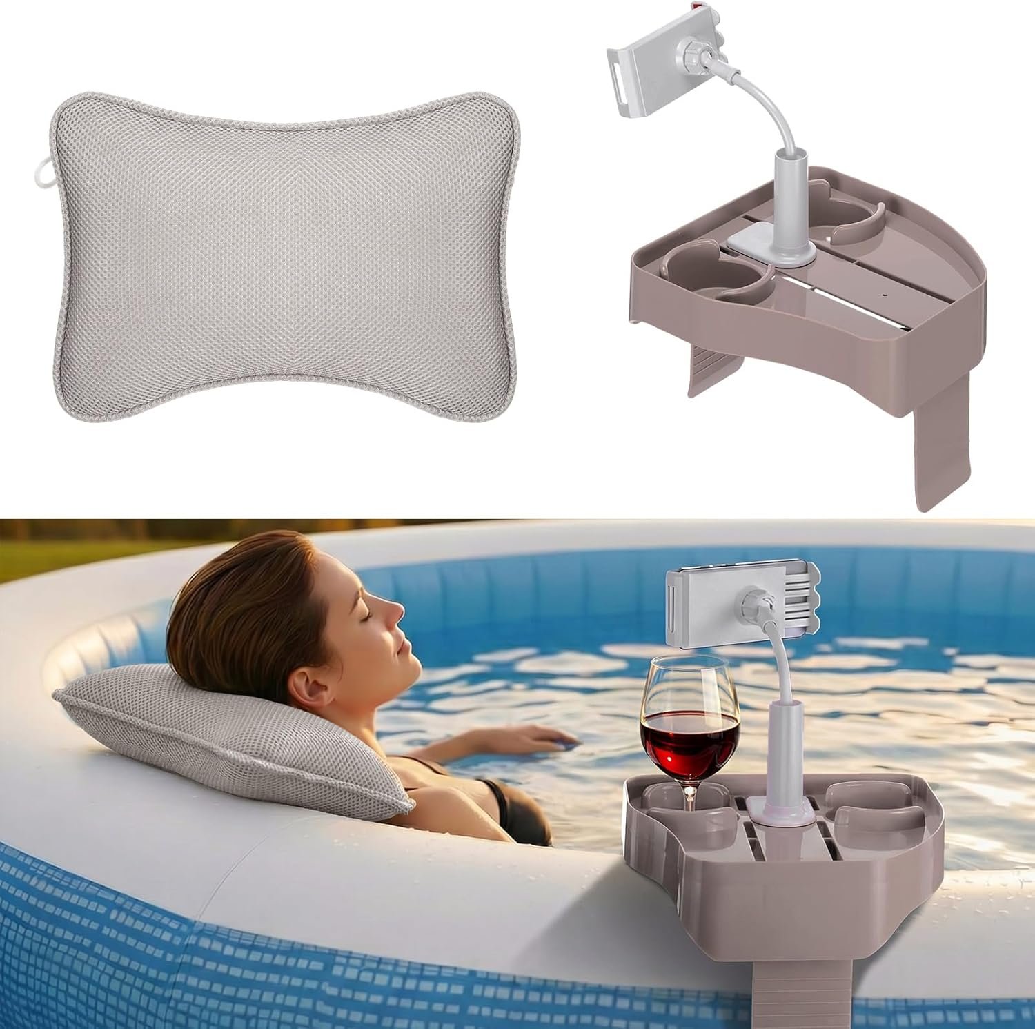 Lewtemi 2 Pcs Hot Tub Table Tray with Adjustable Phone Holder and 2 Cup Holders Bath Pillow Spa Headrest Pillow with Suction Cup Hot Tub Accessories for Outdoor Inflatable Pool