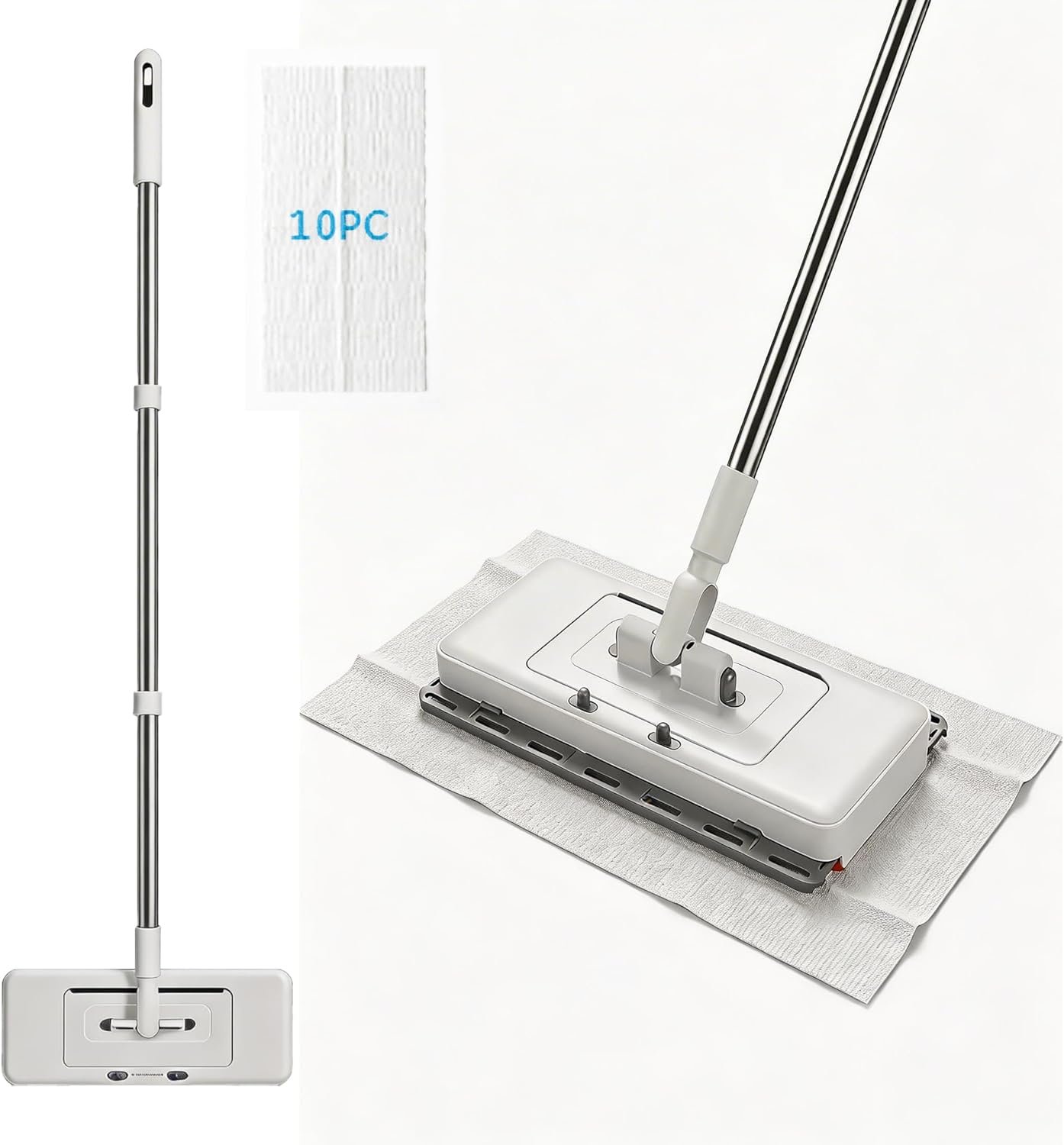 Upgrade Push Clamp Mop Kit – 2-in-1 Full Size Press Grip Lazy Sweeper Mop with Convenient Cloth Changing, Compatible with Swiffer Pads, Hardwood Tile Marble Floor Cleaning, 52in with10 Dry Cloths