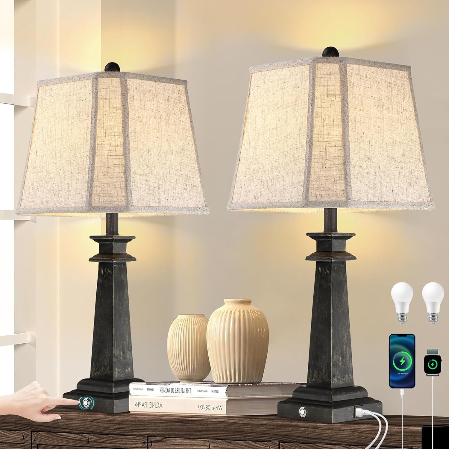 27.5″ Table Lamps Set of 2, 3-Way Dimmable Touch Lamps for Nightstand, Farmhouse Table Lamp for Living Room and Bedroom with USB A+C Charging Ports, Bulbs Included (Black)