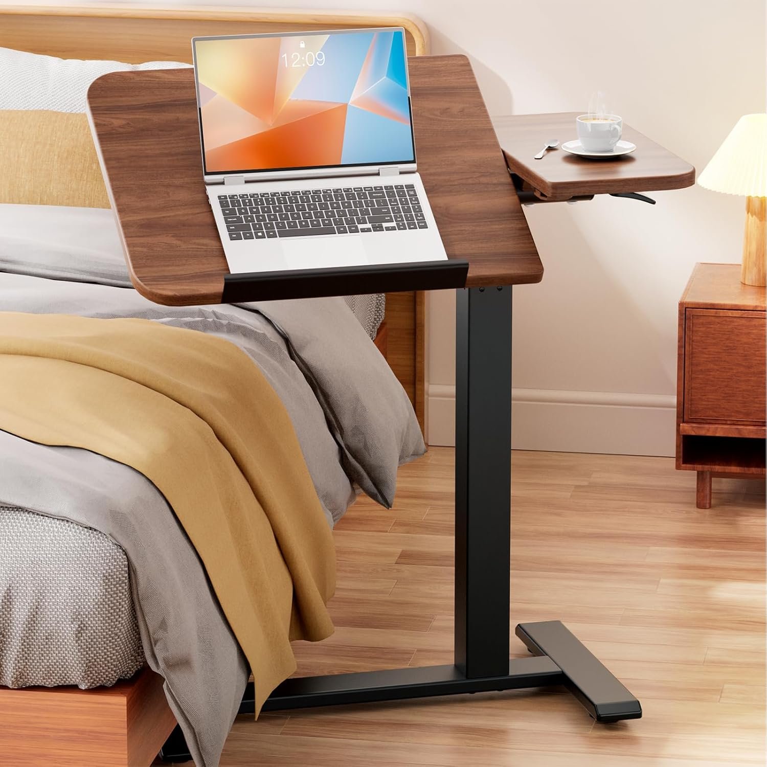 GTPLAYER Overbed Bedside Table with Wheels,Tiltable Hospital Bed Table Over The Bed, Pneumatic Adjustable Rolling Laptop Desk, Mobile Standing Desk for Hospital and Home Use (Walnut)