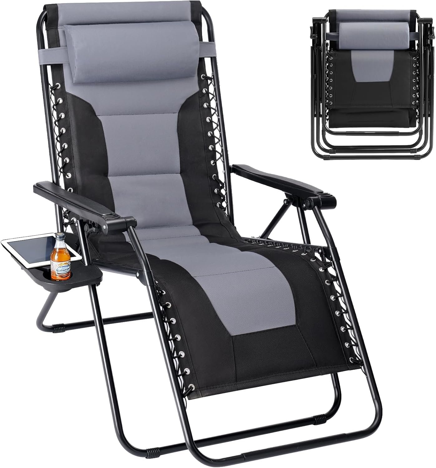 Sweetcrispy Zero Gravity Chairs, Foldable Patio Reclining Chairs with Adjustable Pillow & Cup Holder, Oversized Portable Support 400 lbs, for Backyard Camping(Black-Gray)