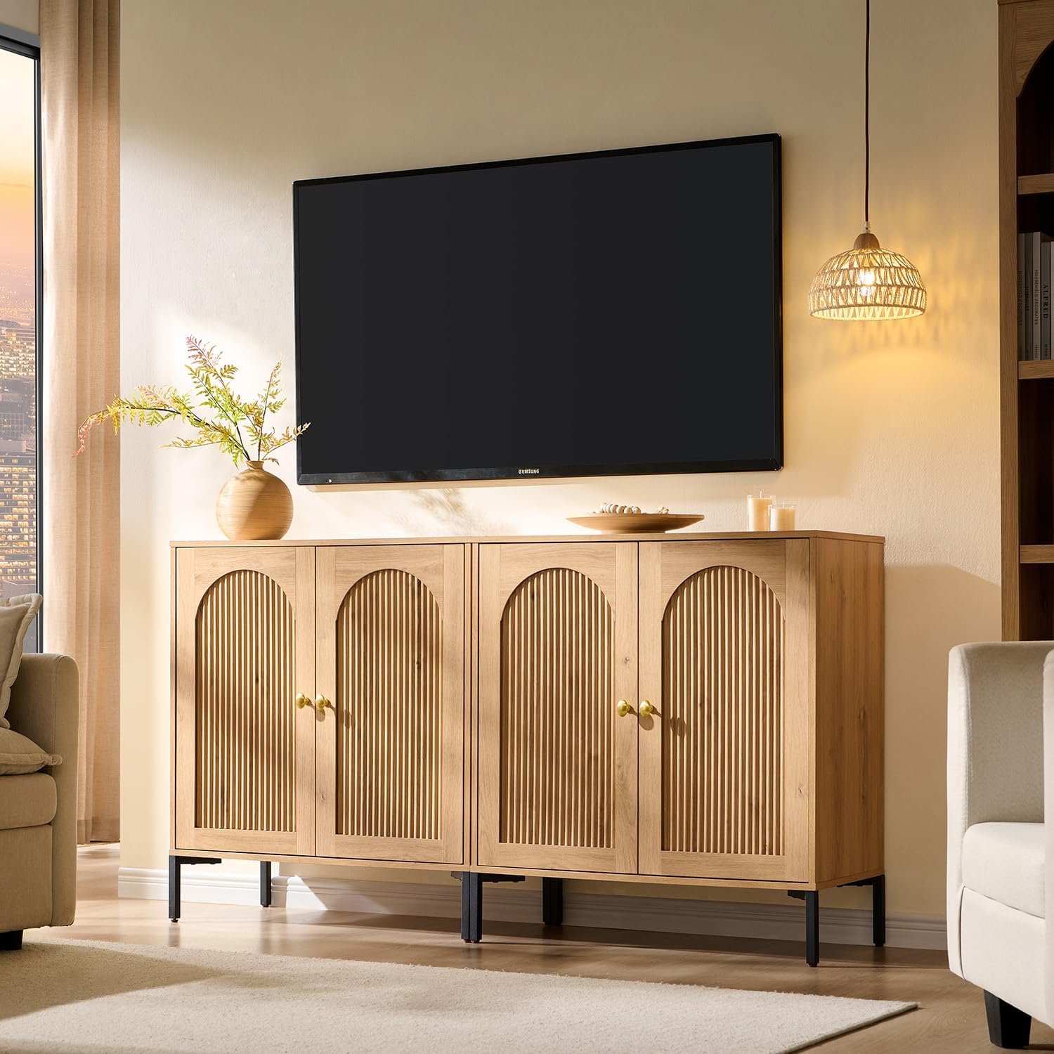IFGET Modern TV Stands for 75 Inch TVs, 61.75‬”W Wood Entertainment Center w/Adjustable Shelves, Mid Century Modern TV Stand w/Arched Fluted Doors, Media Console Cabinet for Living Room, Natural