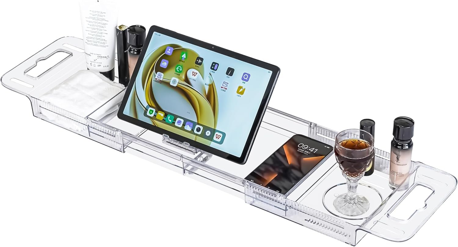Expandable Bathtub Tray (22-31″) – Transparent Bath Caddy with Non-Slip Pads, Adjustable Spa Table for Wine, Books & Phone, Perfect Housewarming for Women