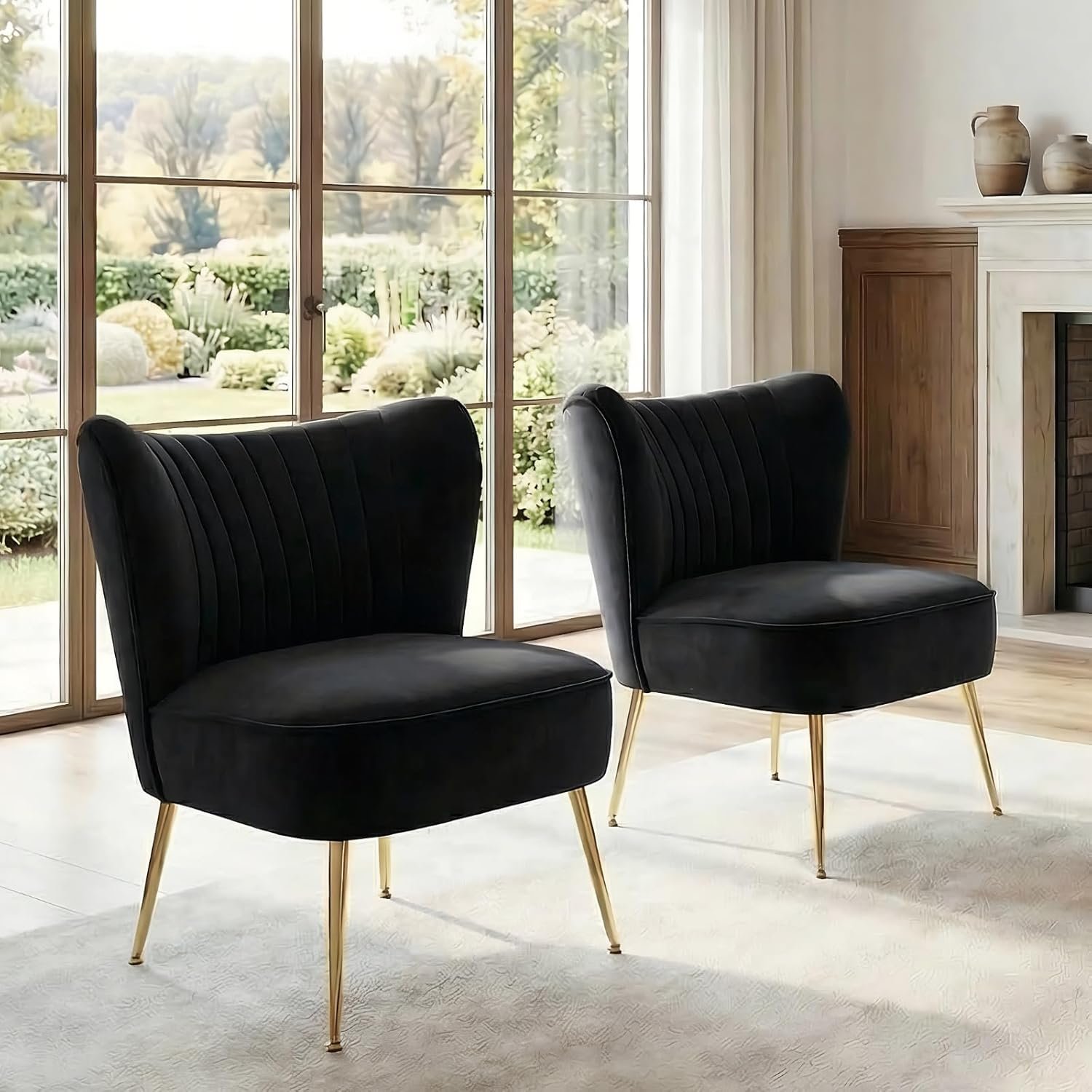DUOMAY Modern Accent Chair Set of 2 Velvet Slipper Chair with Gold Legs Wingback Side Chair for Living Room Bedroom Entryway Small Corner Chair for Space Saving, Black