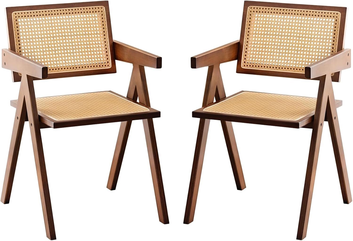 Furlide Rattan Accent Chairs, Modern Mid Century Dining Chairs Set of 2, Comfy Armchairs, Outdoor Rattan Chairs with Armrest for Bedroom Living Room Reading Room Dining Kitchen, Brown