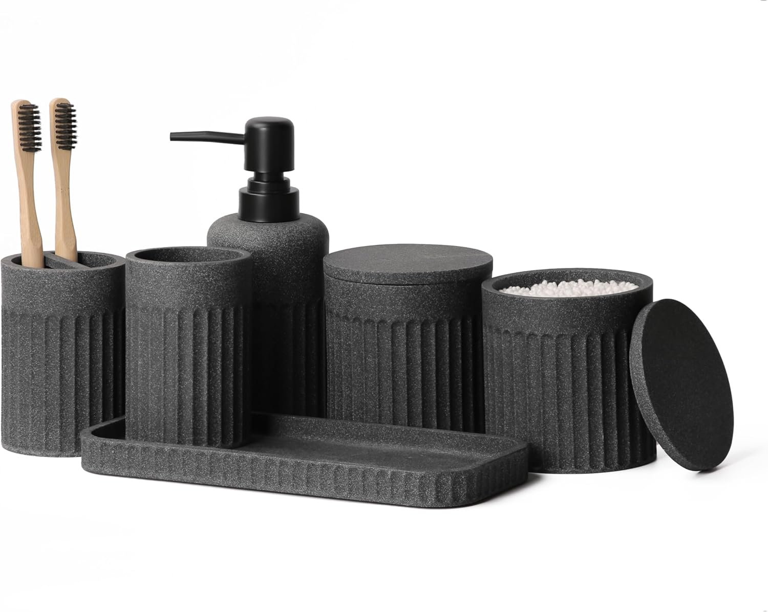 INIUNIK Bathroom Accessory Set – 6 Pieces Bathroom Accessories Set Complete with Soap Dispenser, Toothbrush Holders, Tumbler, Vanity Tray and 2 Qtip Holder for Home Organizer and Decor, Dark Grey