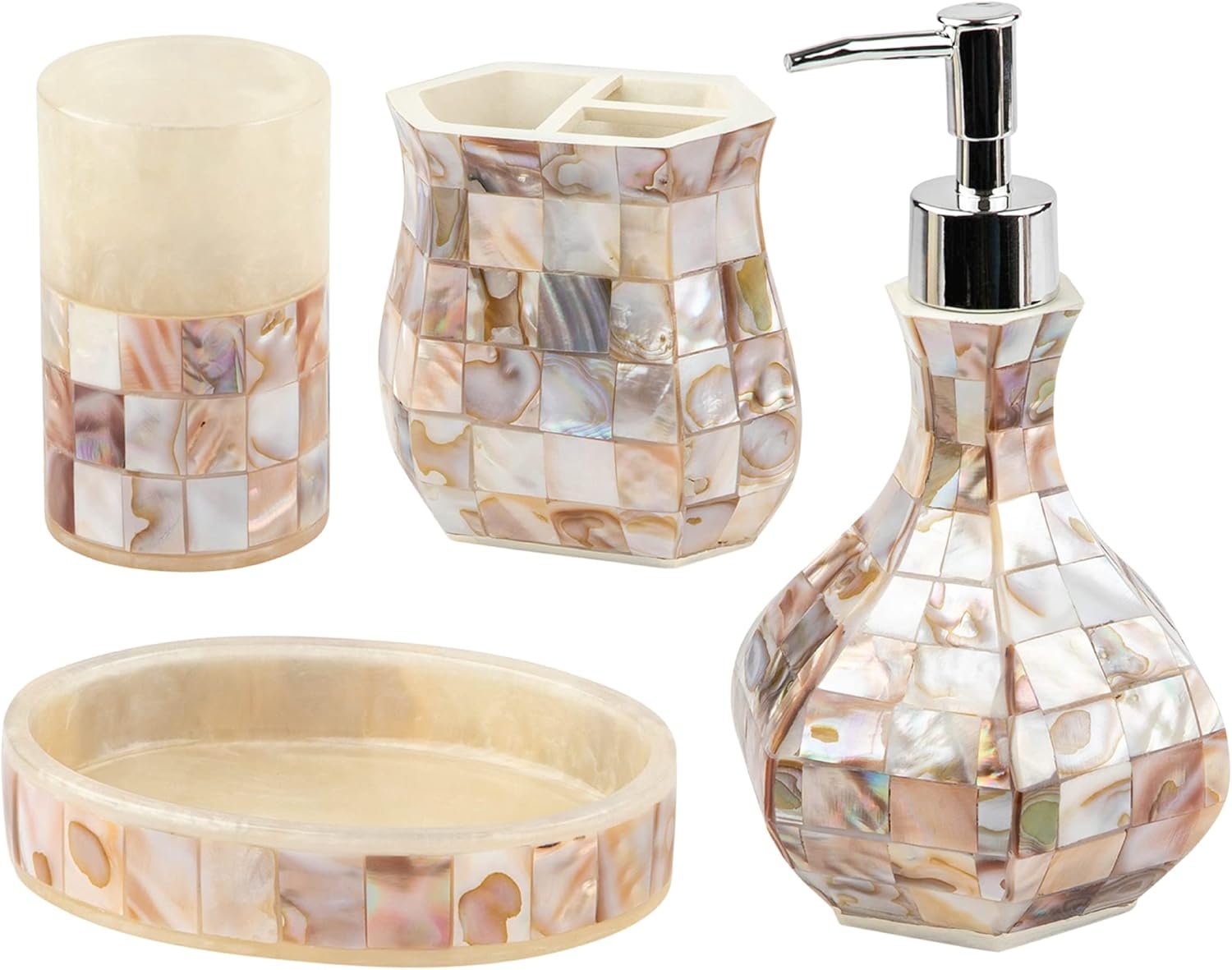 Milano Bathroom Accessories Set – 4 Piece Bathroom Accessory Set with Natural Mother of Pearl Shells – Decorative Bathroom Set Includes: Soap Dispenser, Toothbrush Holder, Tumbler and Soap Dish