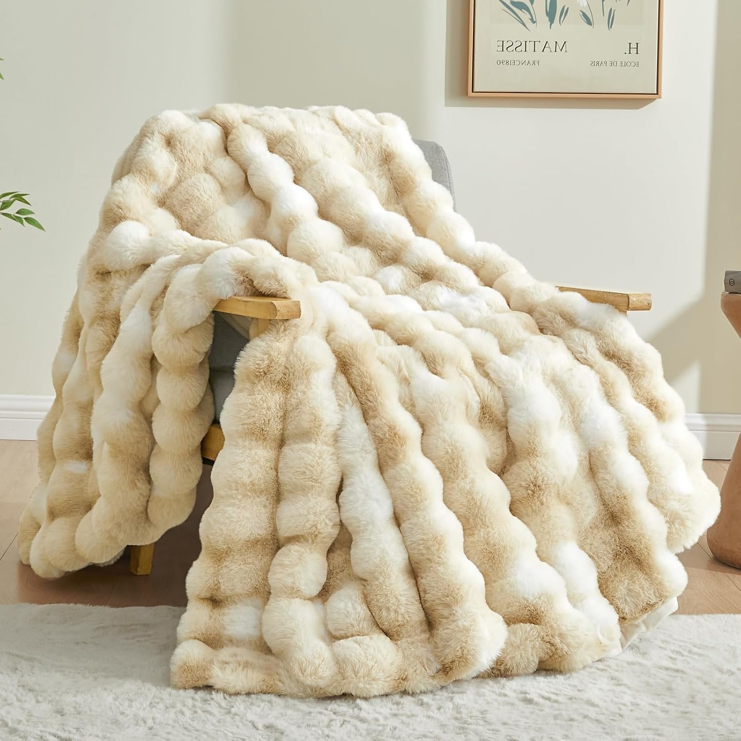 BEDELITE Faux Fur Throw Blanket for Couch, Decorative Tie-Dye Khaki Plush Bubble Blanket – Super Soft & Cozy Fluffy Faux Rabbit Fur Blanket for Women Gift, 50×60 Inches