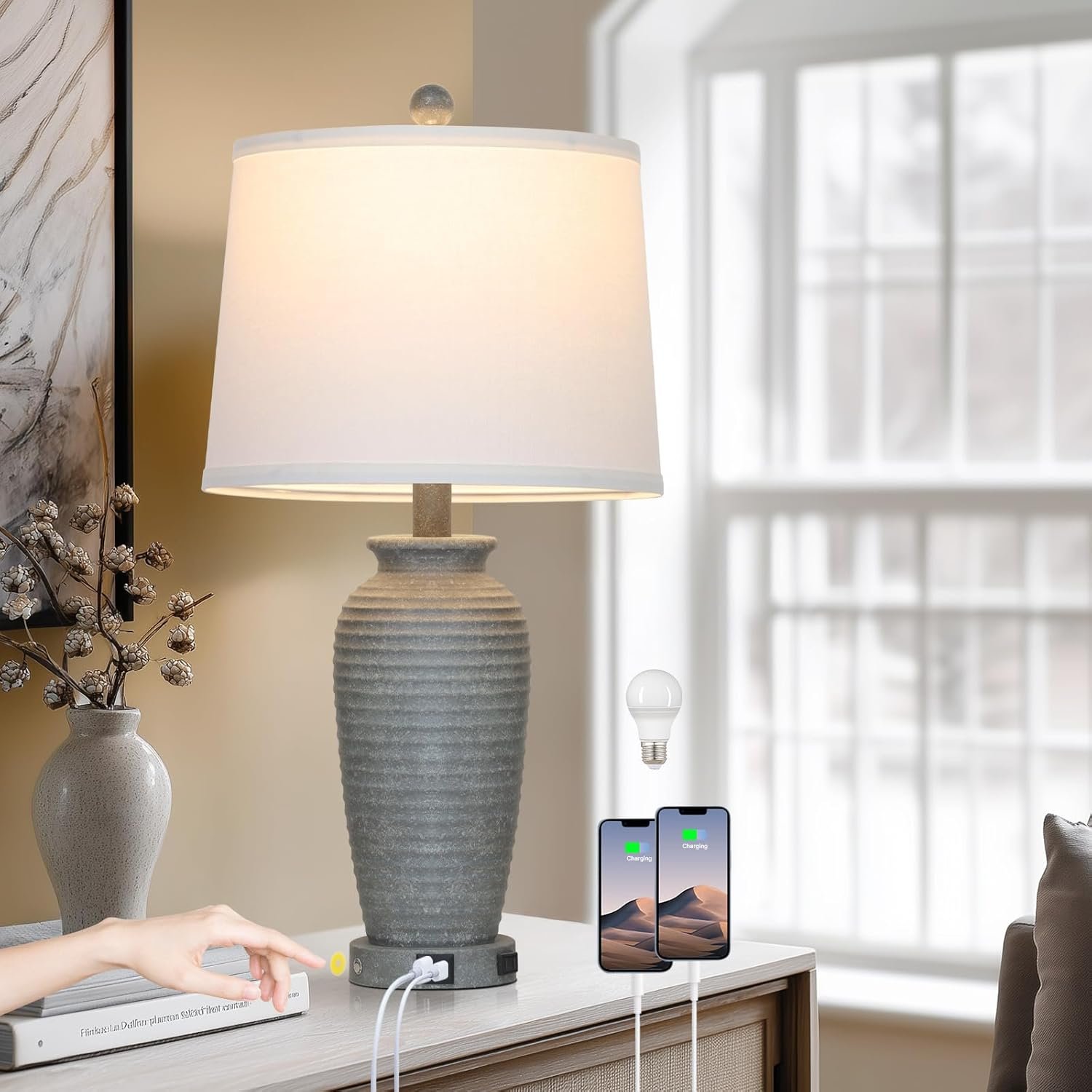 CINSARY 25″ Grey Farmhouse Jar Table Lamps, 3 Way Touch Control Rustic Bedside Lamps with USB A+C Ports & AC Outlet, Pot Nightstand Lamps for Bedroom End Table (LED Bulbs Included)