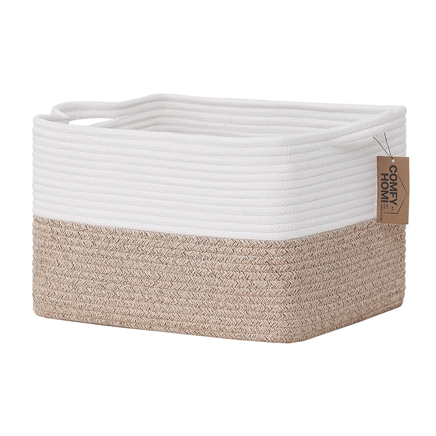 COMFY-HOMI Cotton Rope Woven Basket with Handles for Shelves,Toys,Book, Cloth Storage Baskets for Organizing-13.5″ x 11″ x 9.5″ Toy Decorative Organizer for Living Room, Bathroom （White/Brown）