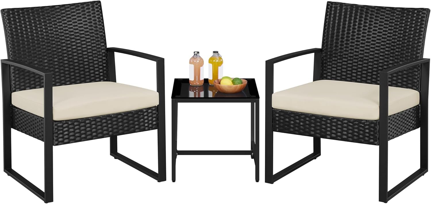 Yaheetech 3 Pieces Rattan Bistro Set, Outdoor Wicker Patio Modern Conversation Furniture, 2 Chairs & Tempered Glass Coffee Table for Garden, Balcony, Backyard, Poolside, Black/Beige