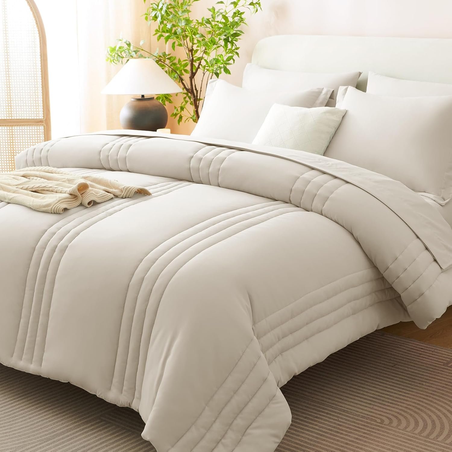 CozyLux Queen Size Comforter Sets – 7 Piece Bed in a Bag Beige Comforter Set with Sheets Luxury Queen Bed Set All Seasons, Soft Bedding Set with Down Alternative Comforter, Sheets, Pillowcases & Shams