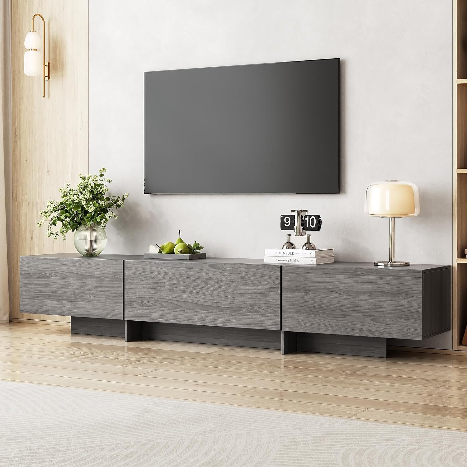 76.4” Modern TV Stand for Living Room, Mid Century Modern TV Console,Entertainment Center with 3 Drawers, Large Storage Cabinet Table, Media Cabinet for Living Room, Bedroom, Grey