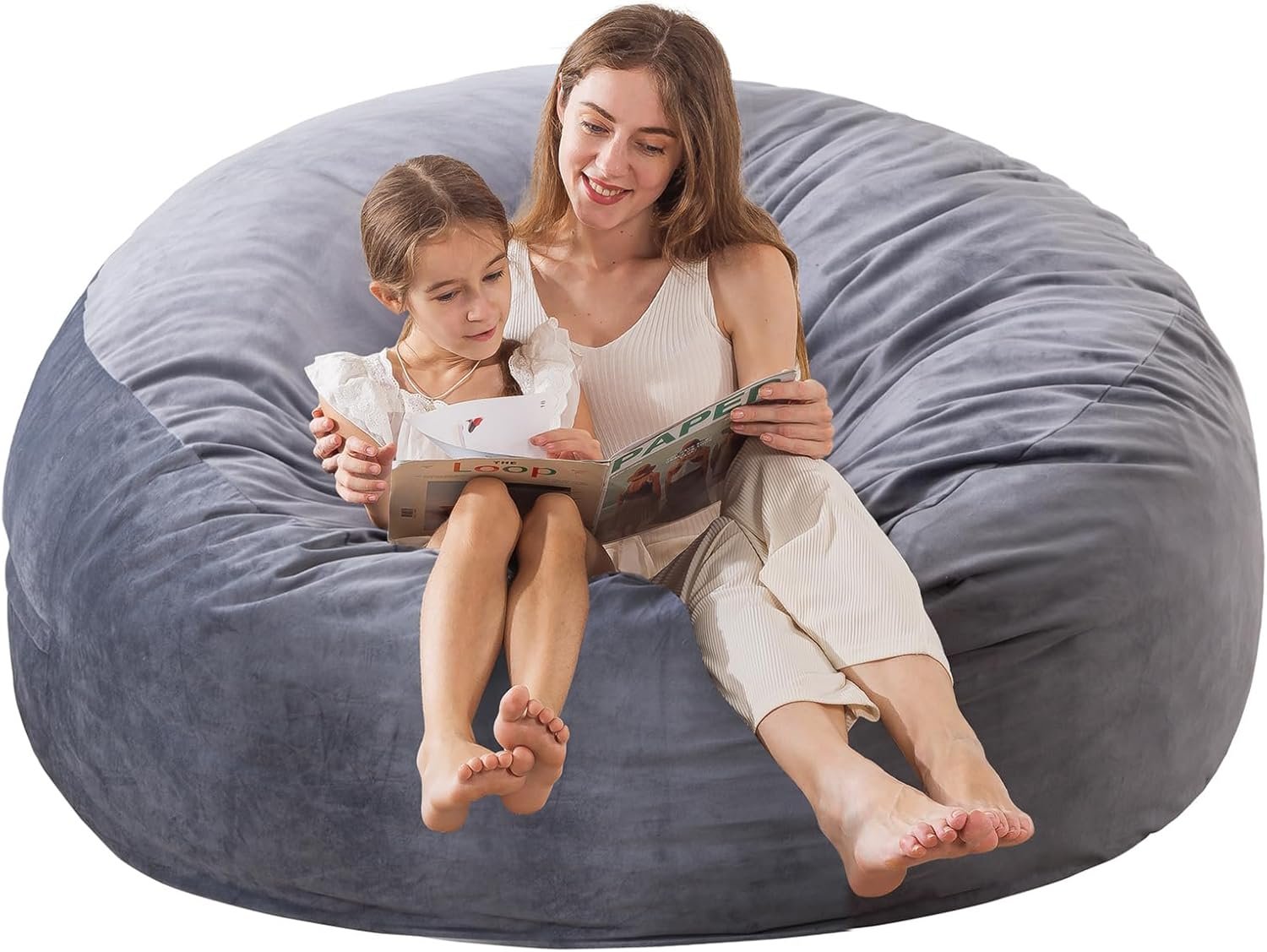 EDUJIN Bean Bag Chair, Memory Foam Bean Bag Chairs for Adults, Soft Velvet Cover, Stylish Beanbag Sofa for Living Room, Convenient Pocket & Pull-Handle Design – 3 Foot, Grey