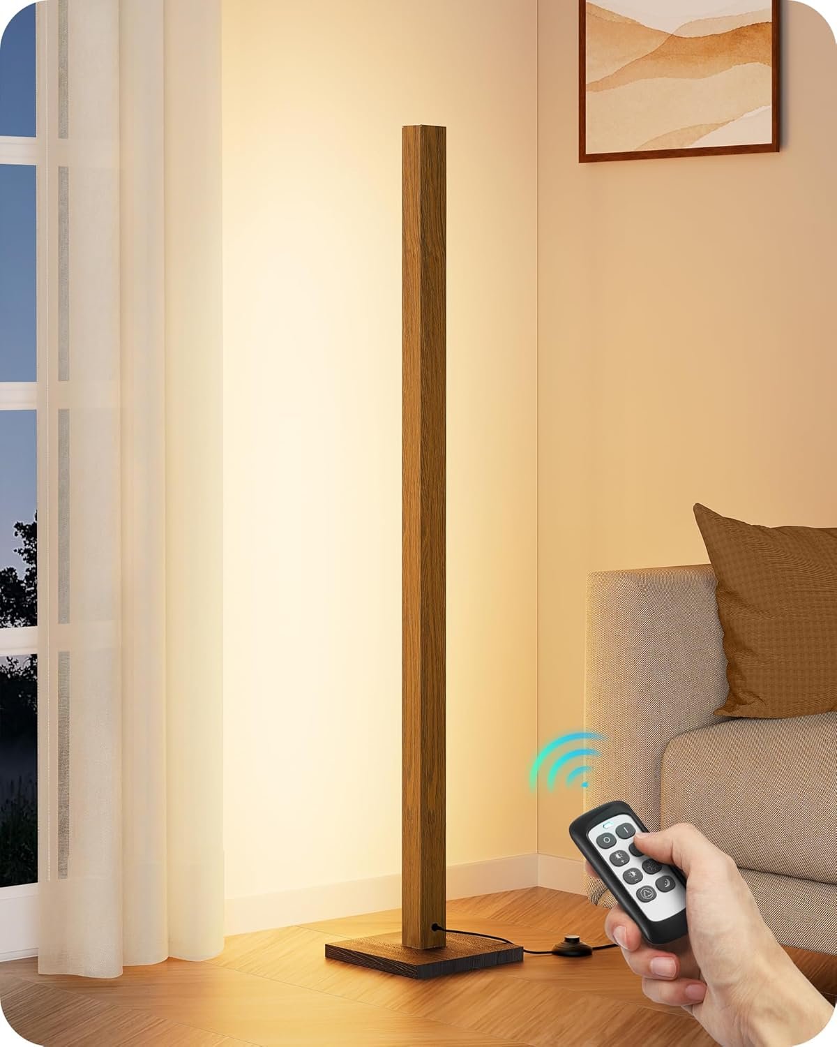 EDISHINE Mid Century Modern Floor Lamp with Remote, Dimmable Wood LED Corner Lamp, Minimalist Standing Mood Lighting for Living Room, Bedroom, Office, 7 Color Temperature 2700K~6000K, 48.43″
