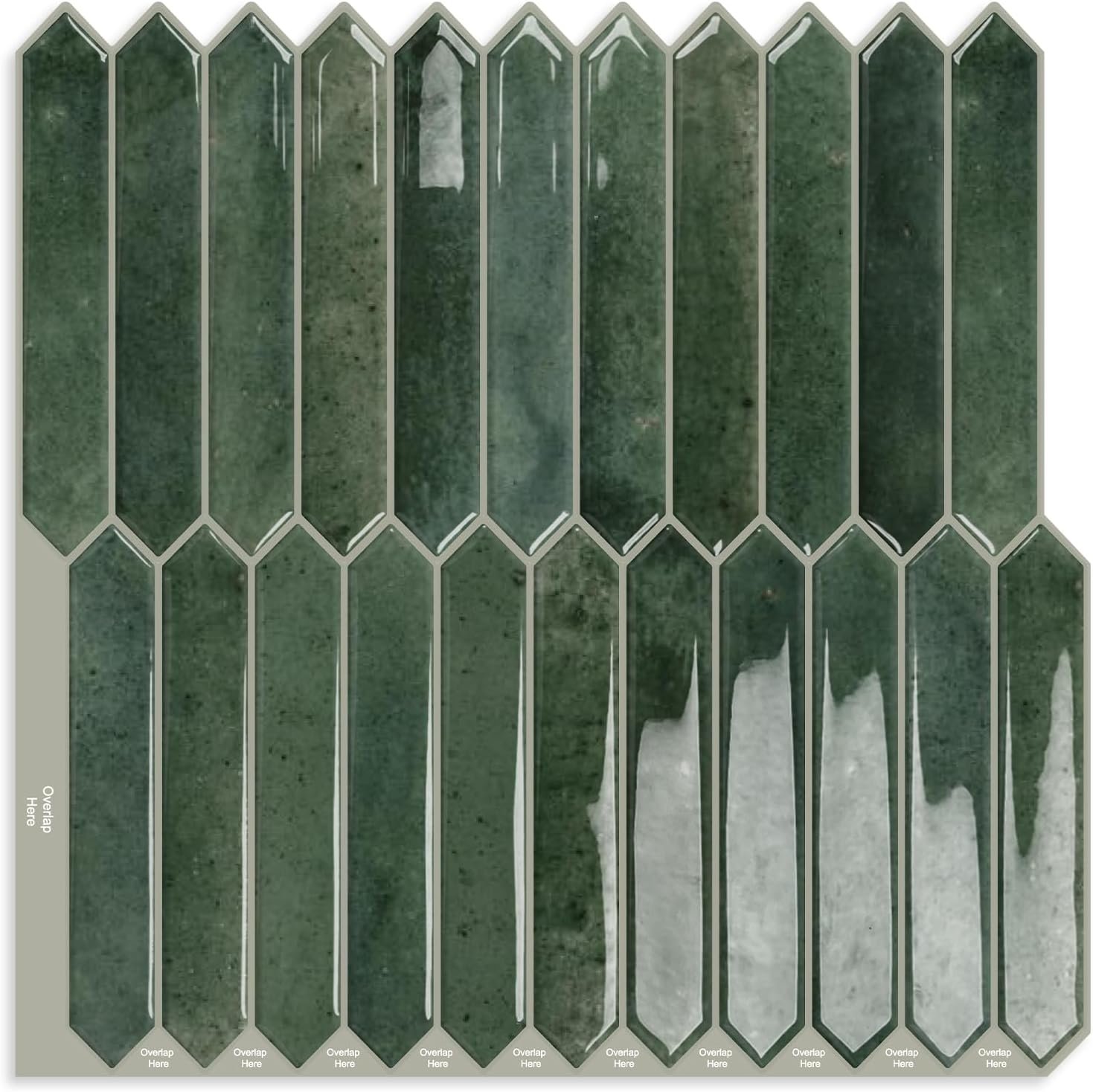 Green Long Hexagon Tile Peel and Stick Backsplash, 10 Sheets Self-Adhesive Wall Tiles Stick on Back Splash for Kitchen, Bathroom, Fireplace,RV(12″×12″)