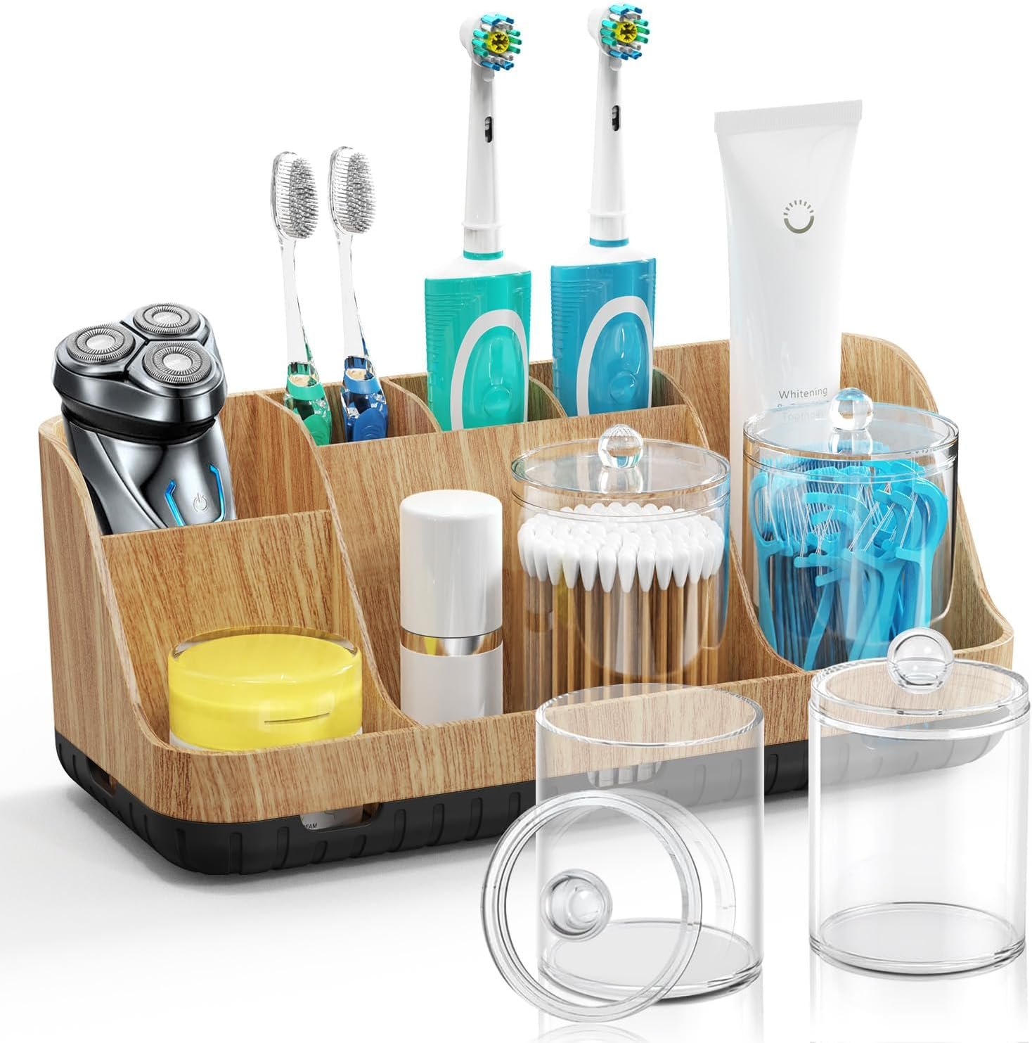 GFWARE Bathroom Toothbrush Holder Set with 2 Pack Qtip Holder Dispenser – 7 Slots Kids Bathroom Accessory Sets with Drainage, Q Tip Holder for Bathroom Sink Counter Accessories Set
