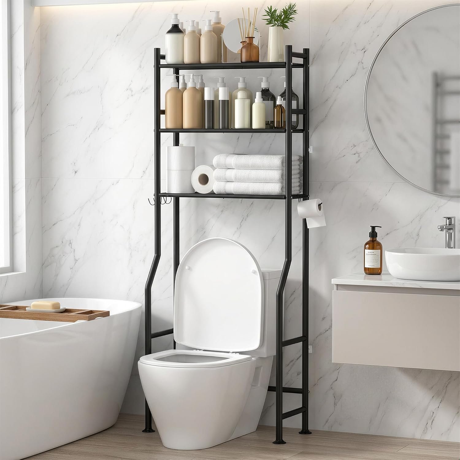 GloTika 3-Tier Over Toilet Storage with Anti-Tilt Safety System – 150lb Total Capacity Metal Bathroom Shelves Including Paper Holder & 4 Hooks, Space Saving Above Commode Organizer (64″ H, Black)