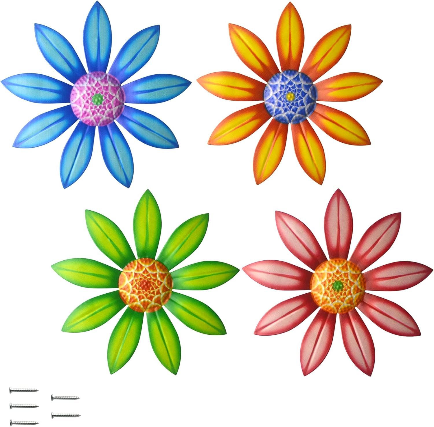 Gooyule Metal Flower Wall Art – Colorful Floral Decor for Indoor Outdoor Hanging – Home Office Garden Yard Wall Decoration Set (Metal Flower Decor A)
