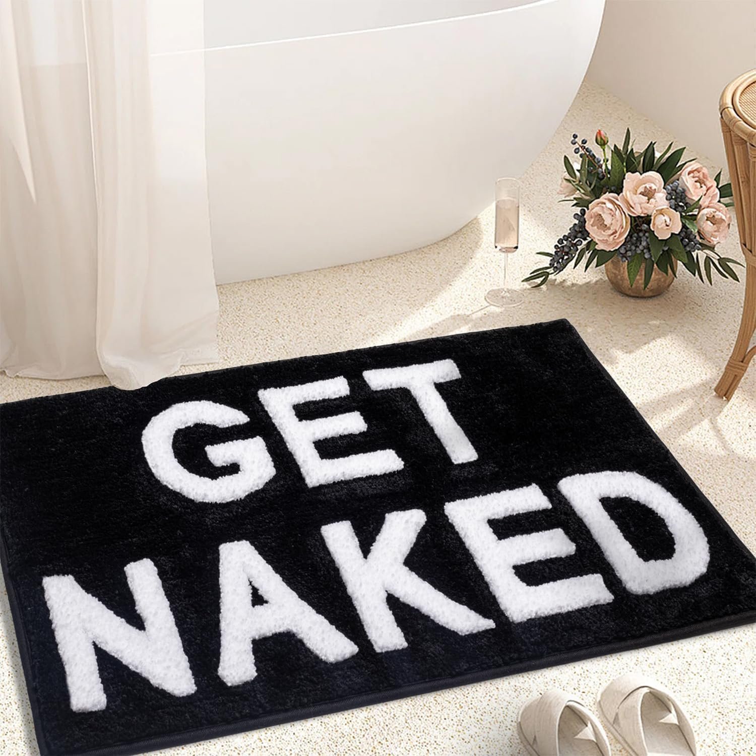 KOEXM Get Naked Bath Mat Cute Bathroom Rugs 16″ x 24″ Non Slip Absorbent Black Bath Rug for Bathroom Floor and Shower Funny Decor for Apartment, Machine Washable