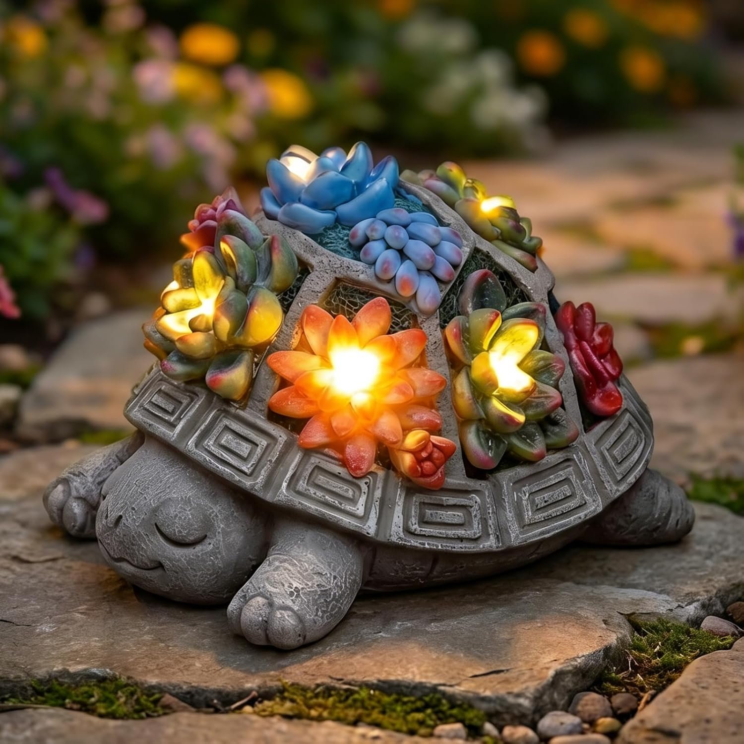 Solar Turtle Garden Outdoor Decor with Succulent & 7 LED Lights – Outside Tortoise Statue Decor for Yard Patio Balcony & Backyard – Home House Decoration Art- Gift for Women Mom & Grandma