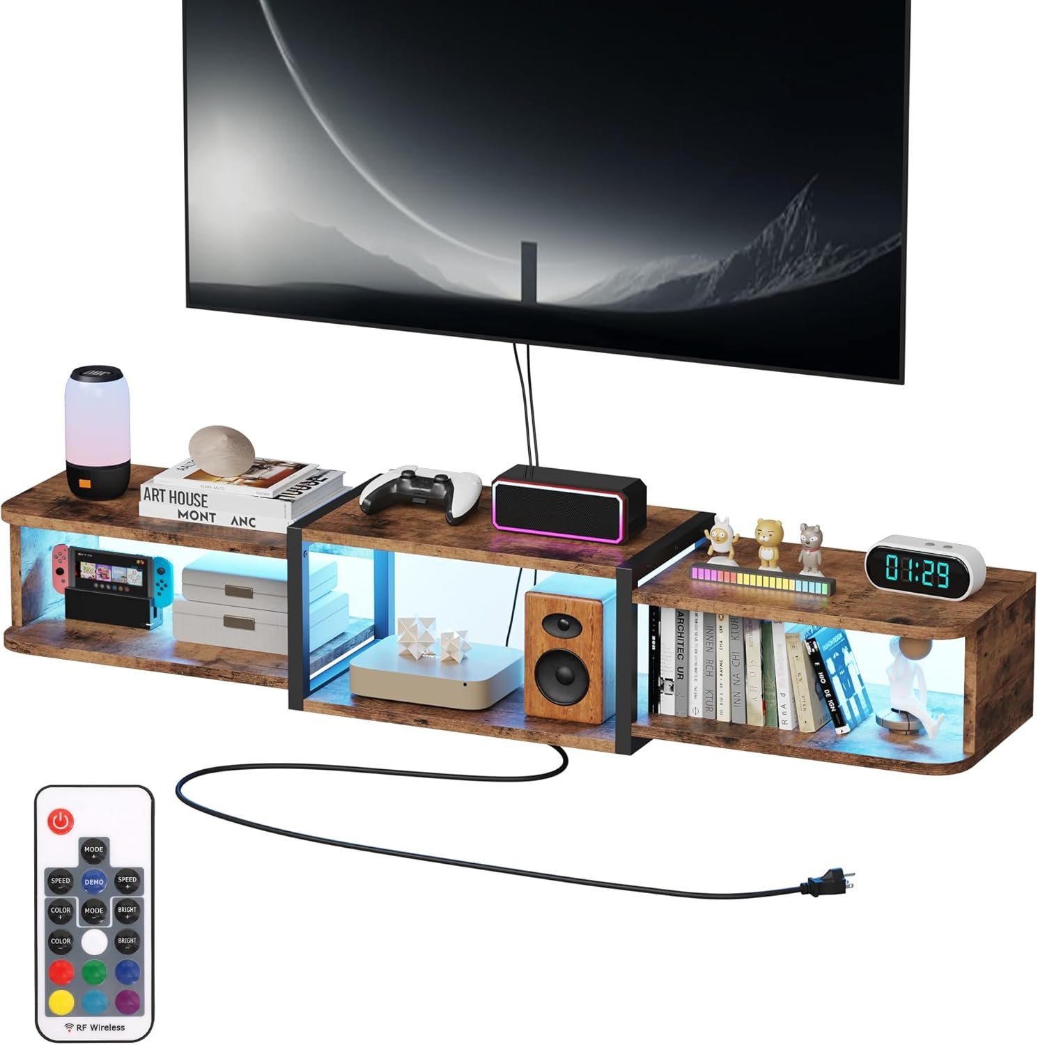 Qupui 47.2” Wall-Mounted Floating TV Stand with LED Lighting, Modern Wooden Media Shelf Featuring Built-in USB Ports and Electrical Outlets. Under-TV Storage for Living Room, Bedroom, Brown