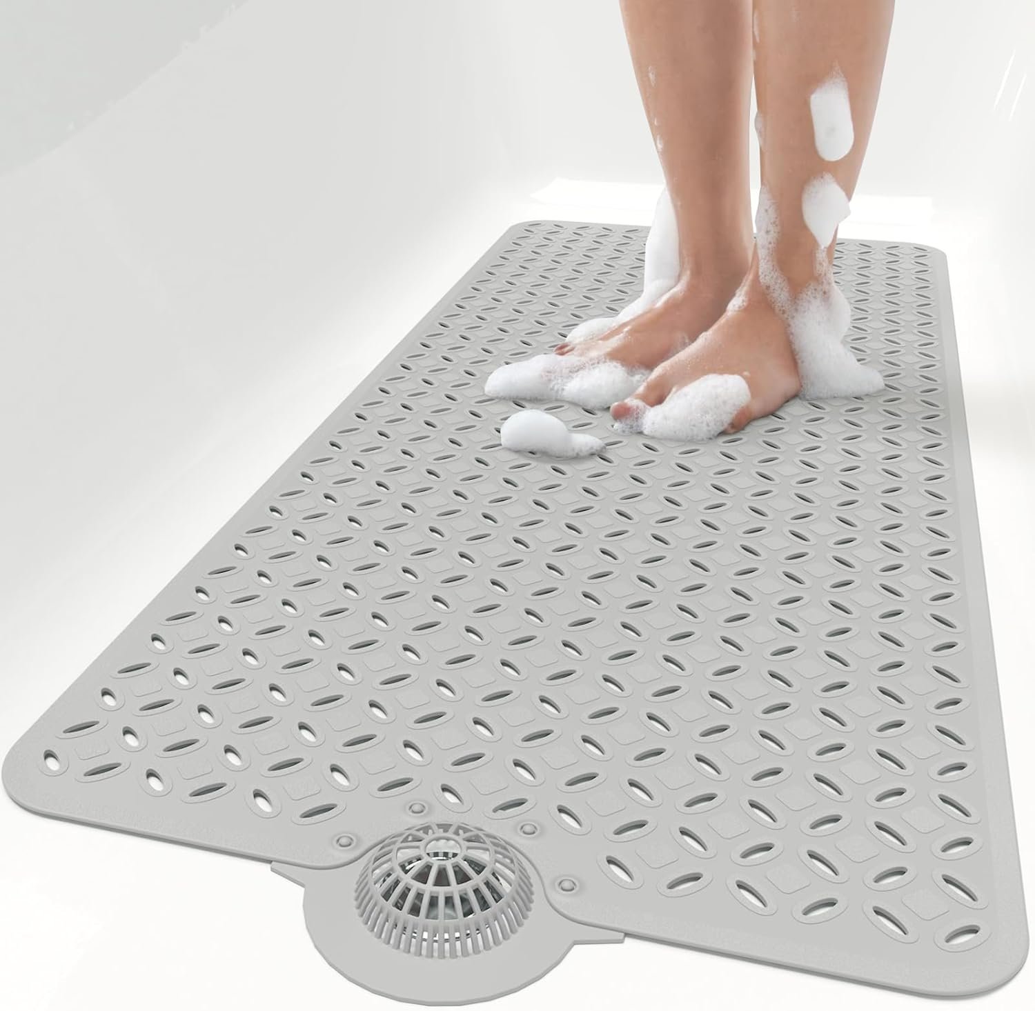 OTHWAY Bath Mat for Tub Non Slip: 39″ X 17″ Long Bathtub Mat with Hair Catcher│Big Drain Holes Shower Mats for Inside Shower│Machine Washable (Grey)