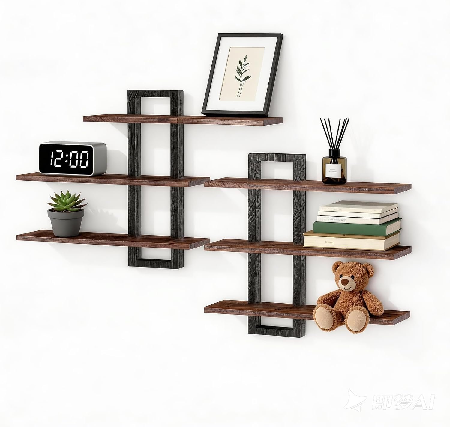 2 Pack 23 Inch Wood Floating Shelves for Wall Decor, 3 Tier Rustic Brown and Black Decorative Hanging Storage Display Wall Shelf for Bathroom Living Room Bedroom Kitchen Home Office (2, Rectangular)