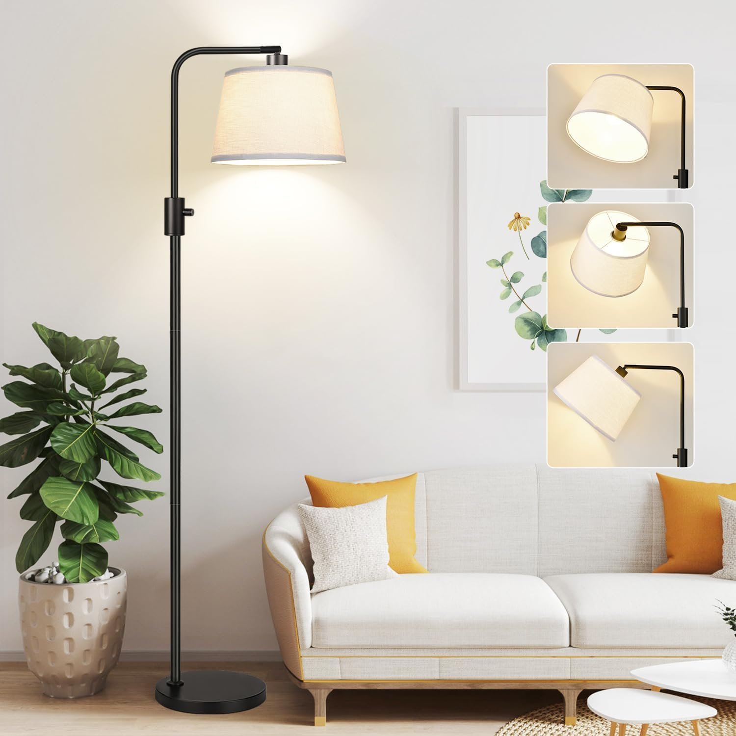 【Upgraded】 Dimmable Floor Lamp, 1000 Lumens LED Edison Bulb Included, Arc Floor Lamps for Living Room Modern Standing Lamp with Linen Shade, Tall Lamp for Bedroom Office Dining Room- Black