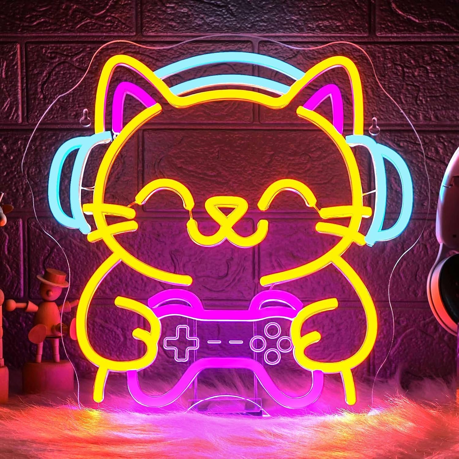 Ineonlife Game Cat Neon Sign for Wall Decor Light Up Cute Animal Led Signs for game room Acrylic Art Decor for home bar bedroom cafe man cave Decorations 12.99×12.6 inch USB POWER