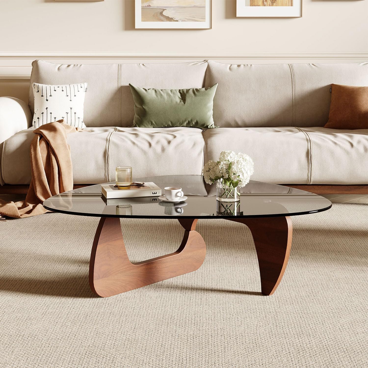 Modern Coffee Table for Living Room and Small Spaces, 35.6″ x 25.4″ x 15.8″ Triangle Tempered Glass Table Top and Solid Wood Base, Walnut