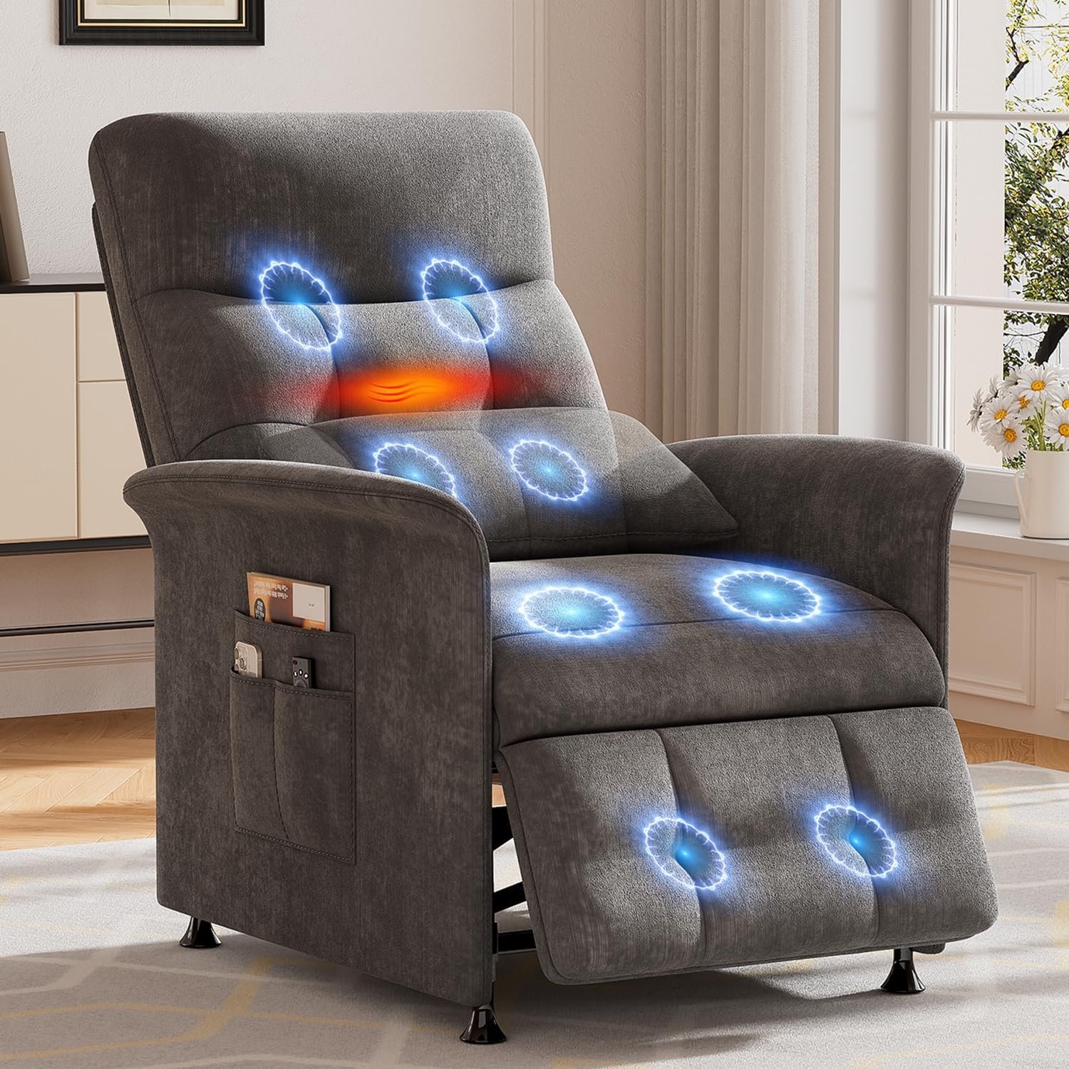 Power Recliner Chair for Adults with Heat & Massage – Soft Fabric Electric Reclining Sofa with Remote Control, 180° Lay Sleeper 3 Side Pockets for Living Room Home Theater, Dark Grey